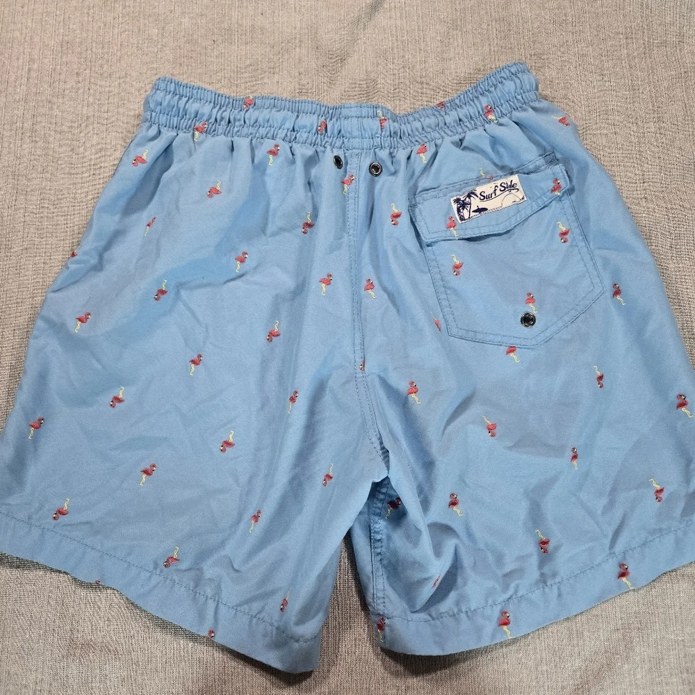 Surf Style Mens Medium Embroidered Flamingo Swim Shorts Trunks Beach Pool EUC